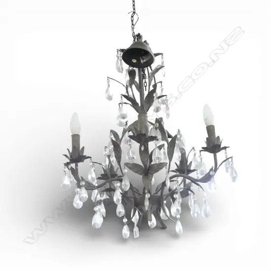 CHANDELIER 5 branch, leaf metal work, crystal droplets (some missing) H.775mm approx.