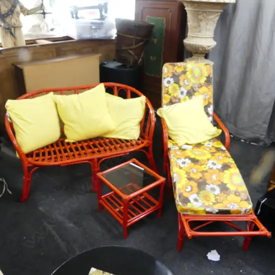 3 PCE RED PAINTED CANE OUTDOOR SET; LOUNGER, LOVESEAT SOFA & TABLE