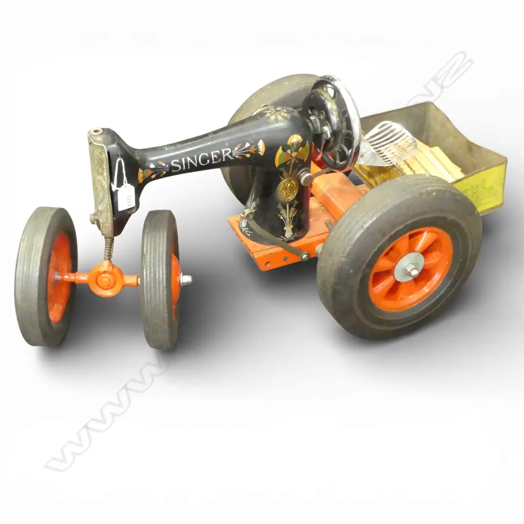 ORNAMENTAL TRACTOR MADE FROM ASST. PARTS INCL. SINGER SEWING MACHINE 380x700x330mm Image 1++