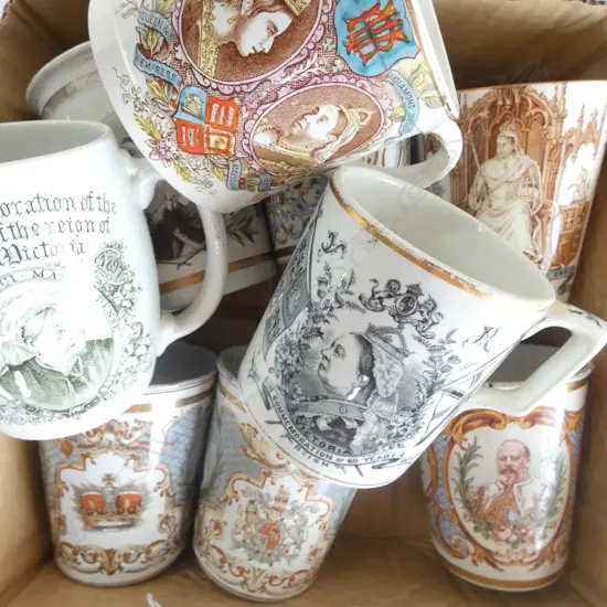 9 VICT ENAMEL & CHINA CORONATION BEAKERS & MUGS