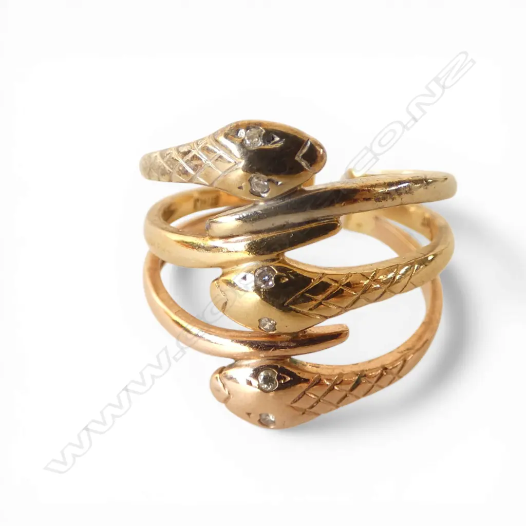 9ct YELLOW, ROSE & WHITE GOLD SNAKE RING, 3.94gm size N Image 1++