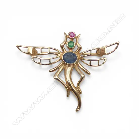 9ct GOLD SAPPHIRE, EMERALD & RUBY DRAGONFLY BROOCH, 3.57gm