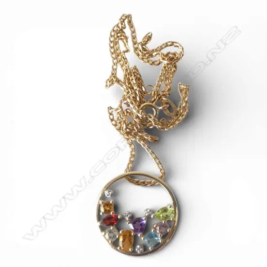 9ct GOLD DIAMOND & GEMSTONE CIRCLE PENDANT (1.87gm) on 9ct CHAIN (1.68gm) 3.55gm