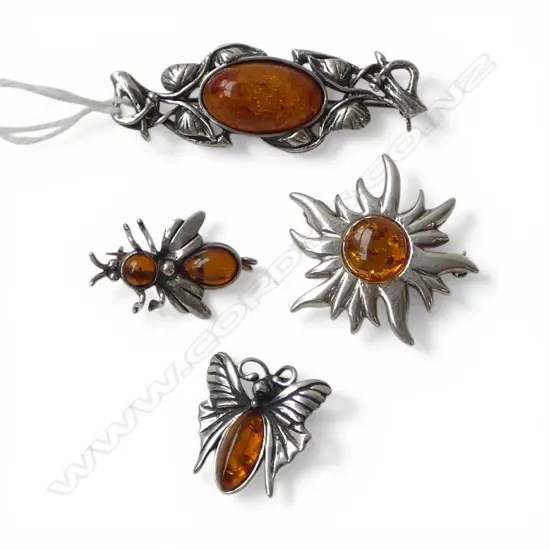 4 STG SILVER & AMBER BROOCHES; BUTTERFLY, BEE, SUN, OTHER W.50mm