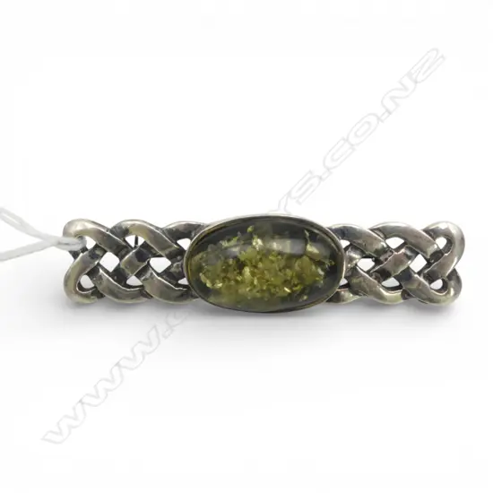 STG SILVER & GREEN AMBER BROOCH W.65mm