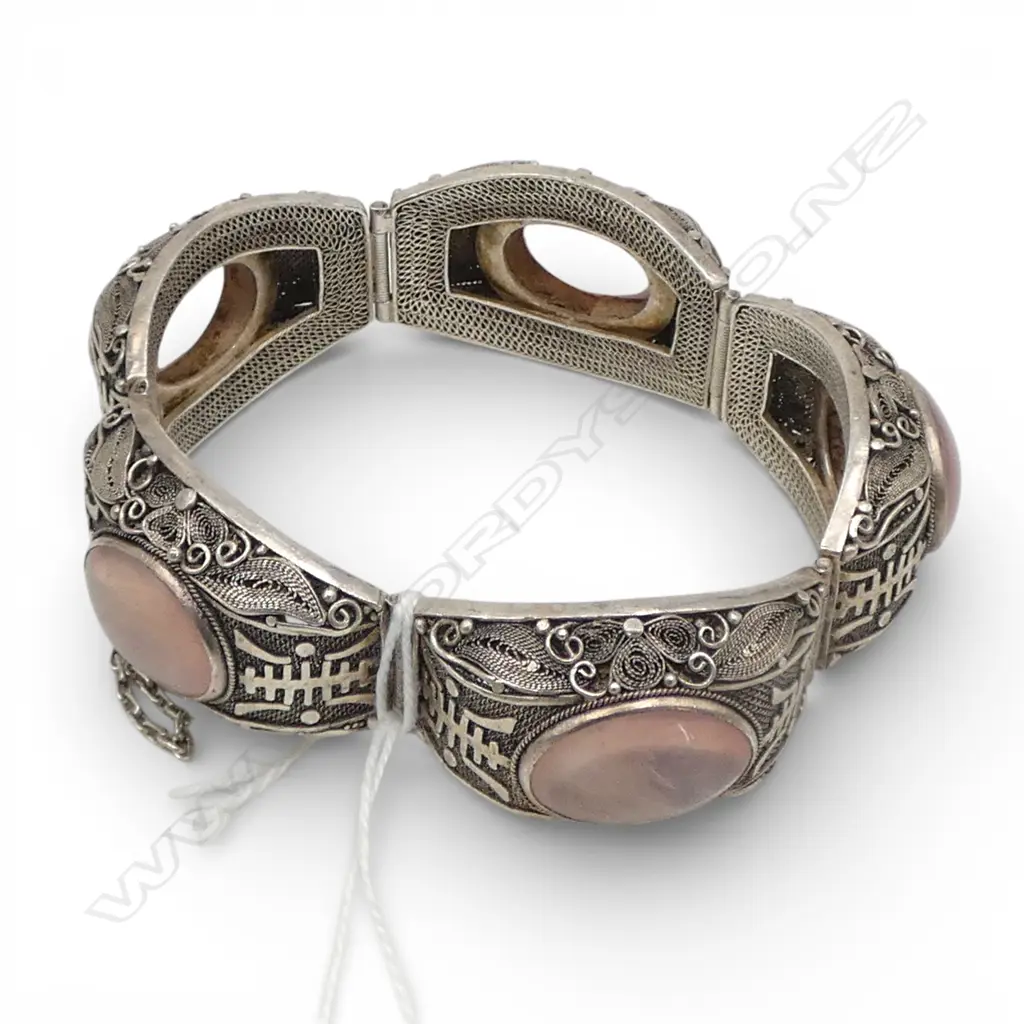 CHINESE VINATAGE FILAGREE SILVER & PINK QUARTZ  BRACELET 55gms Image 1++
