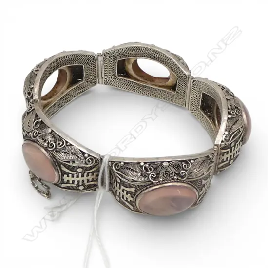 CHINESE VINATAGE FILAGREE SILVER & PINK QUARTZ  BRACELET 55gms