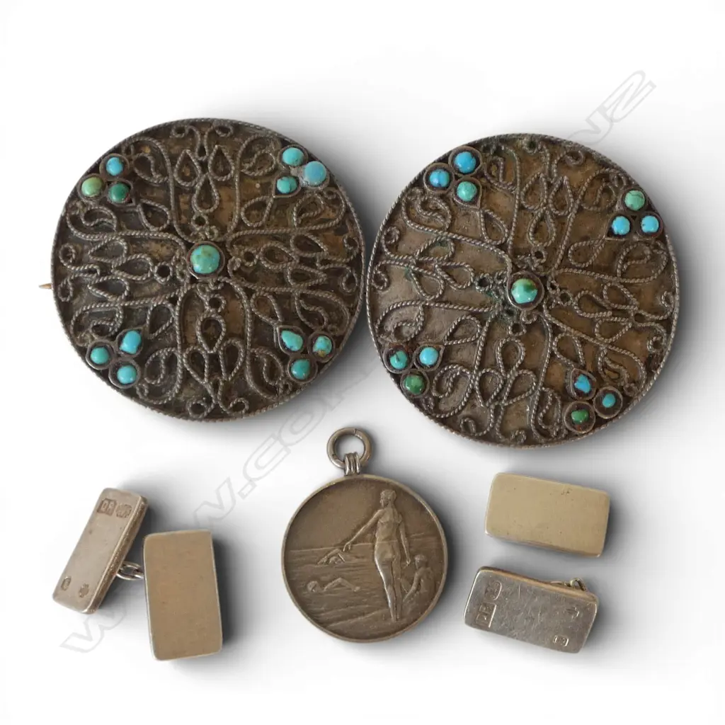 SILVER: PR LGE DISC BROOCHES w turquoise + pr cufflinks 1 broken + swimming medal. 64gms Image 1++