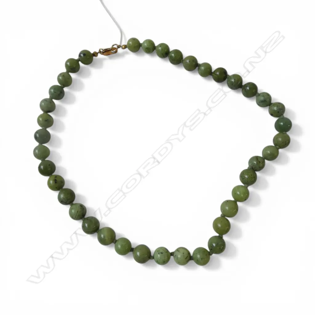 JADE-LIKE BEAD NECKLACE w 9ct GOLD CLASP, L.440mm Image 1++
