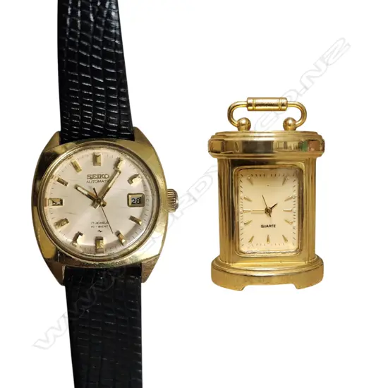 VINTAGE GP SEIKO HI-BEAT, 17-JEWEL MECHANICAL MOVEMENT AND MINIATURE BRASS CARRIAGE CLOCK QUARTZ MOVEMENT