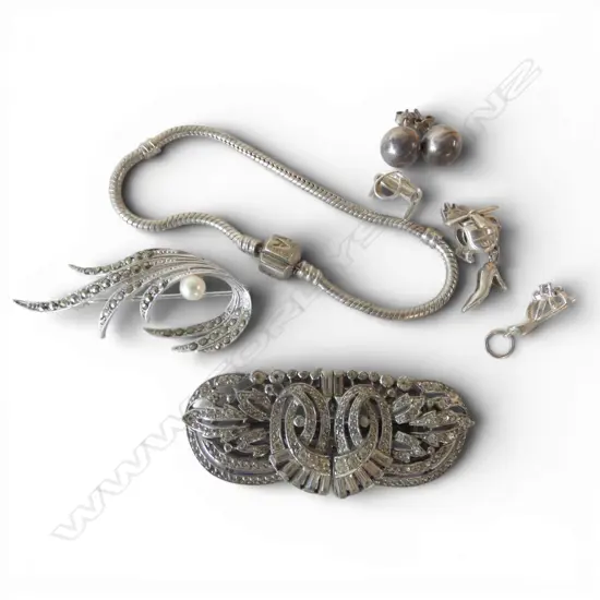 SILVER: & MARCASITE BROOCH + 4 CHARMS + BALL EARRINGS + other jewellery: Deco clip + Pandora bracelet