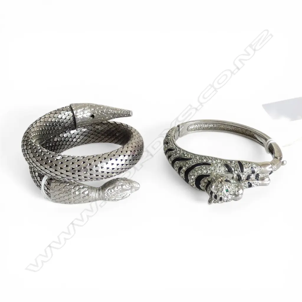 WHITING & DAVIS PLATED SNAKE BANGLE & COSTUME LEOPARD BANGLE Image 1++