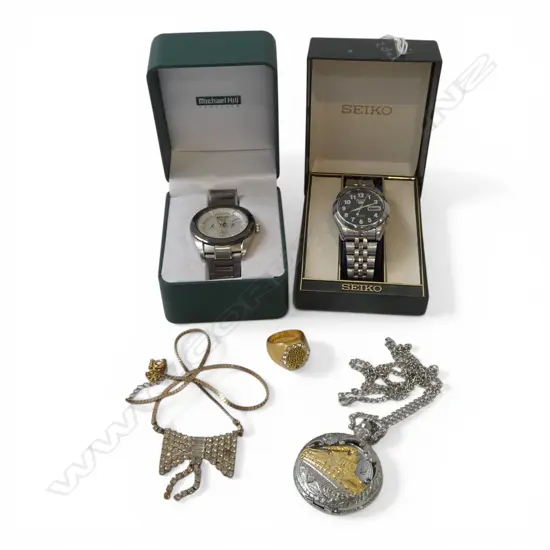 2 SEIKO WATCHES: SOLAR 100M + '5' + Modern pocket watch & costume jewellery