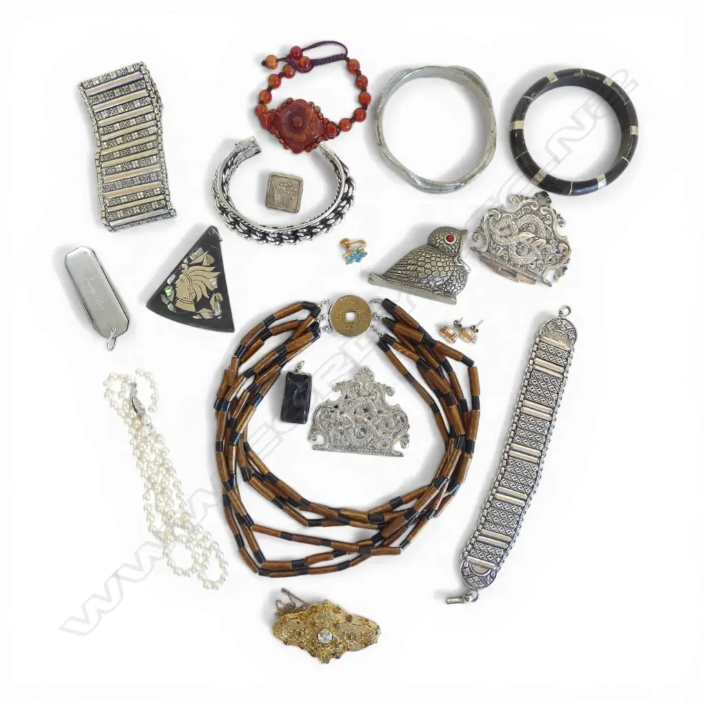 ASST. COSTUME JEWELLERY INCL. 70% SILVER BUCKLE 48gms & 60% SILVER BRACELET 56gms ; PR OF 9ct CAMEO EARRINGS 2.8gms Image 1++