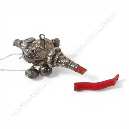 1868 S/SILVER & CORAL BABY RATTLE CORAL BROKEN TOTAL WEIGHT25GMS; SPARE CORAL IN BAG