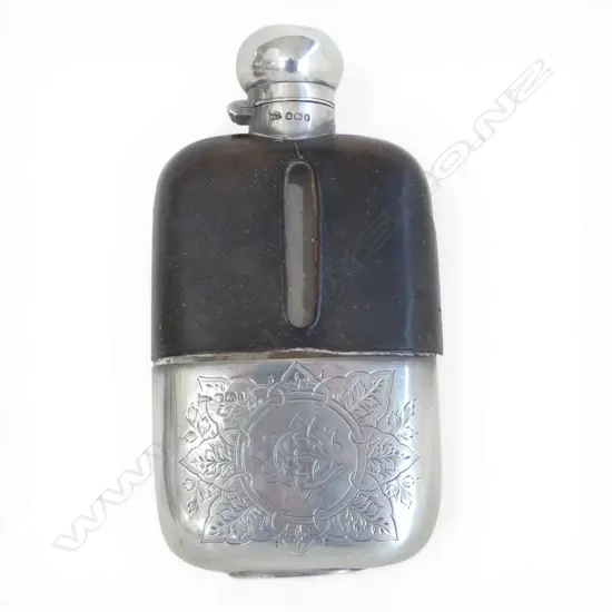 STG SILVER, LEATHER & GLASS FLASK, SHEFFIELD 1900; LEATHER CASING FAULTED & CAP DENTED