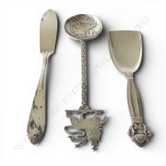 2 SILVER SPOONS; 2 925 INCL. GEORG JENSEN 39gms, ETHIOPIA 830 SILVER 36gms & 1 BUTTER KNIFE