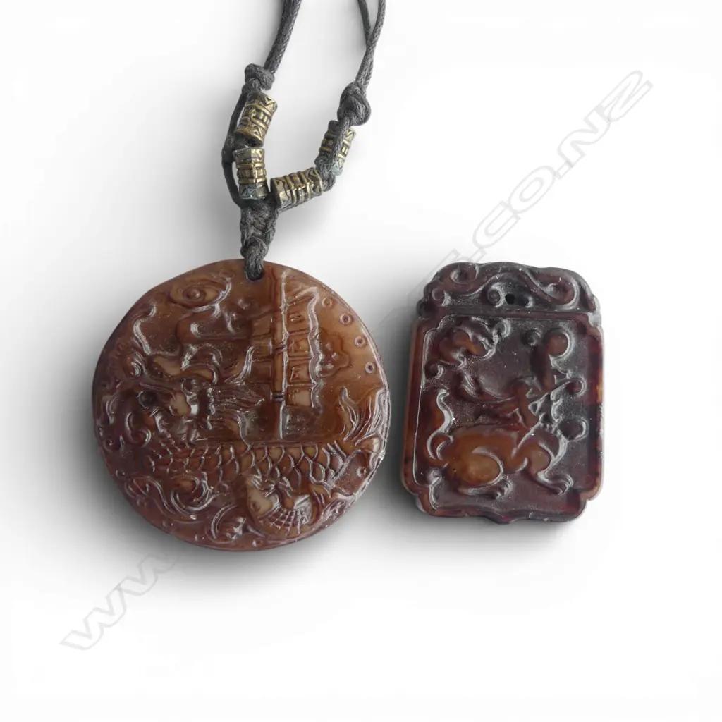 TWO CHINESE CARVED STONE PENDANTS WITH DRAGON DECORATION 50mm (D) Image 1++