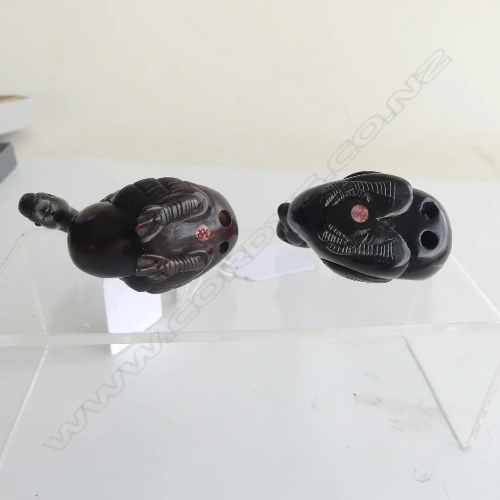 2 JAPANESE CARVED WOOD NETSUKE, DUCK & GOOSE, BOTH SIGNED Image 1++