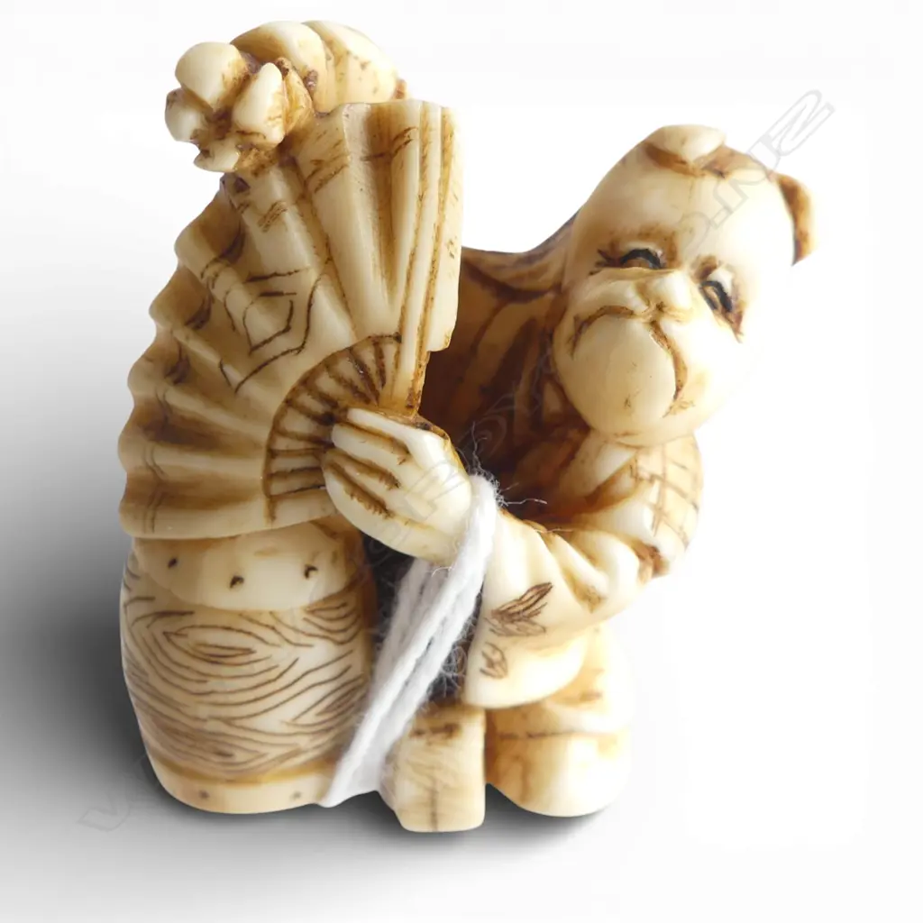 JAPANESE CARVED IVORY FIGURE masked figure, signed H.35mm Image 1++