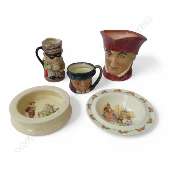 5 PCES ROYAL DOULTON; 2 CHILDS BOWLS INLC. BUNNYKINS 165mm dia, CARDINAL, TONY WELLER, THE JUDGE AND THIEF