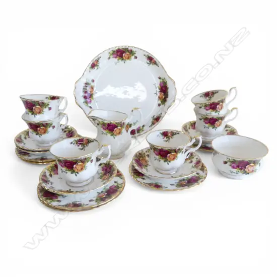 20 PCE ROYAL ALBERT TEA SET; 6 TRIOS (SHORT 1 SAUCER), MILK JUG, SUGAR BOWL, CAKE PLATE