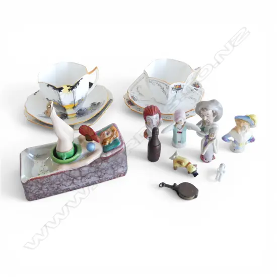 5 HALF DOLLS, WOMAN IN BATH ASHTRAY, 2 SHELLEY TRIOS ETC