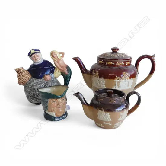 3 ROYAL DOULTON TEAPOTS; INCL. OLD SALT H.155mm + TOBY JUG PARSON BROWN