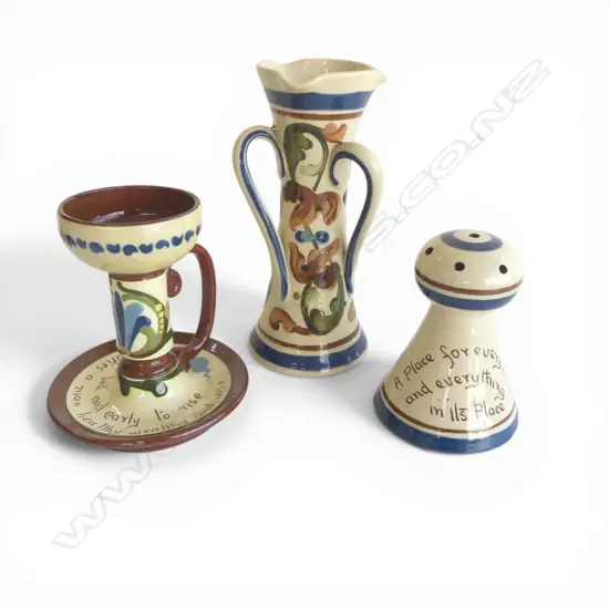 THREE PIECES OF ROYAL TORQUAY WARE - CANDELSTICK, VASE, HATPIN HOLDER