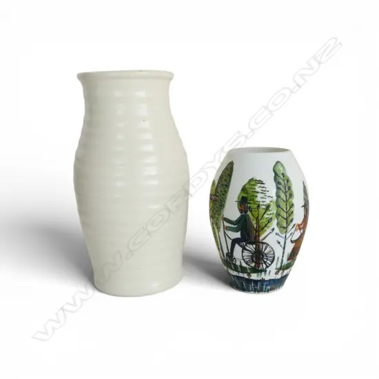 2 WHITE VASES; DENBY H.255mm, PAINTED GLASS H.165mm