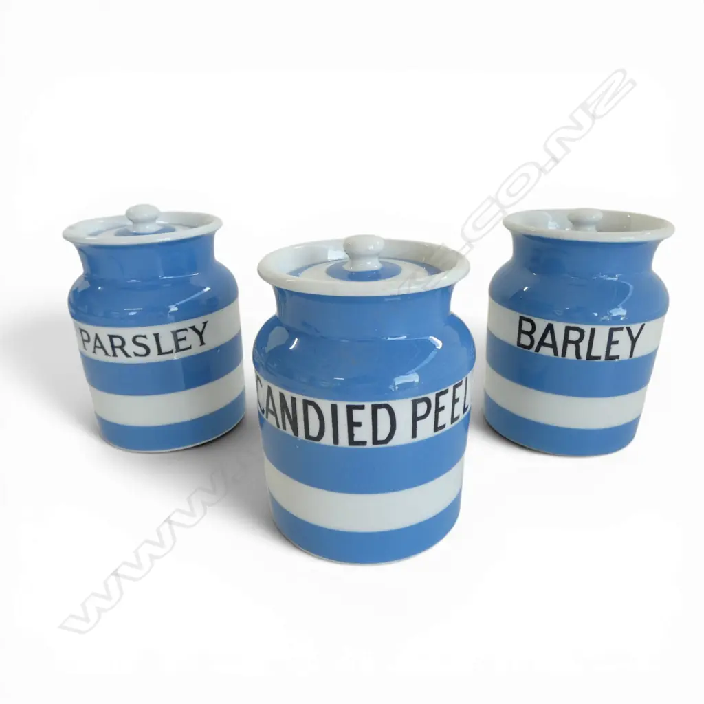 3 GREEN MARK CORNISH WARE LIDDED JARS H110MM BARLEY PARSLEY & CANDIED PEEL Image 1++