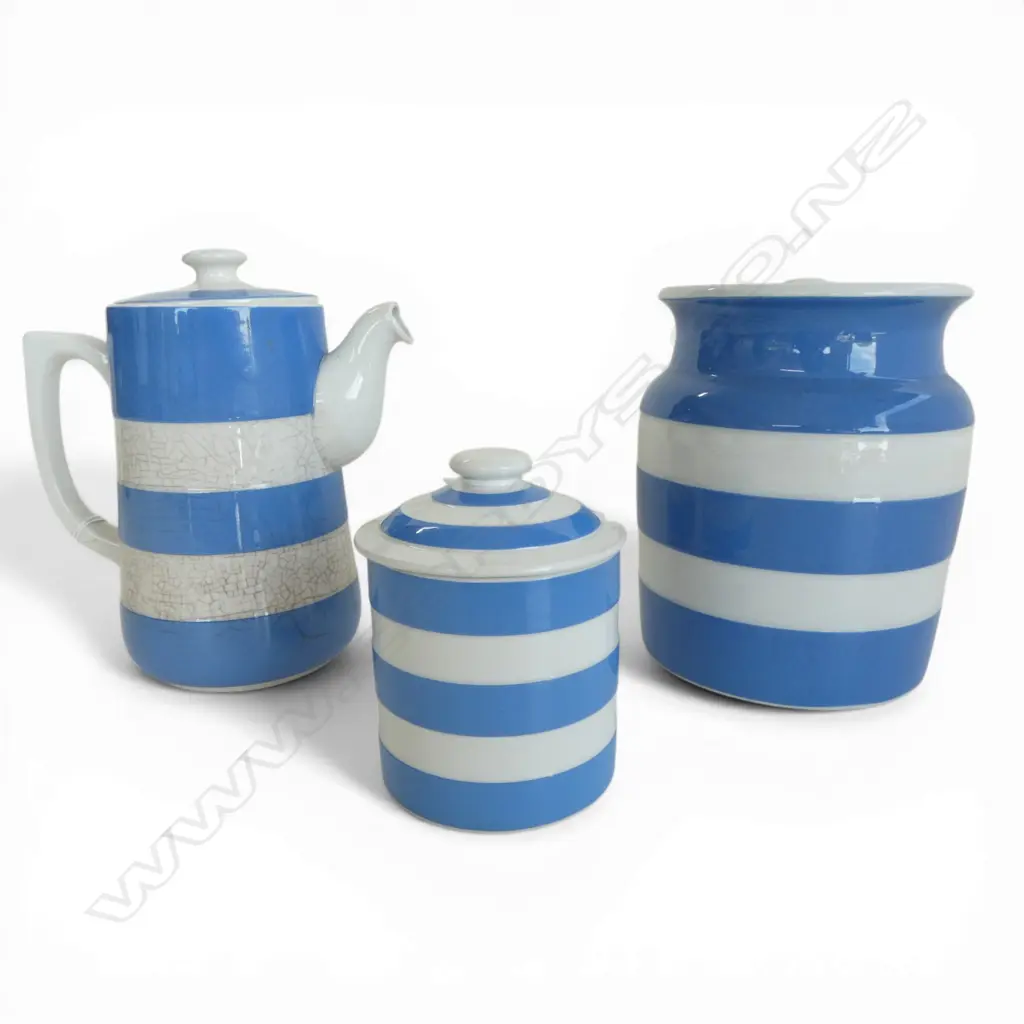 GREEN MARK CORNISH WARE LIDDED SUGAR JAR H160MM COFFEE POT H180 & LIDDED SUGAR JAR H110MM Image 1++