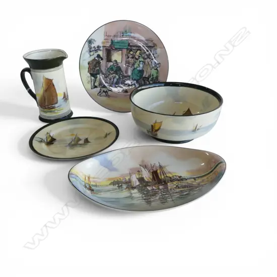 5 PCES ROYAL DOULTON; 4 w. SAILING THEME INCL. JUG H.185mm & BOWL 230mm dia, COBLER PLATE 265mm dia
