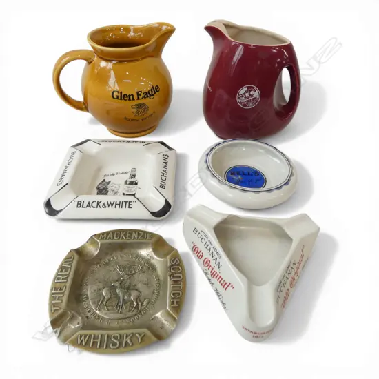4 WHISKY ASHTRAYS & 2 WHISKY JUGS; MACKENZIE SCOTCH ETC (TWO ASHTRAYS A/F)