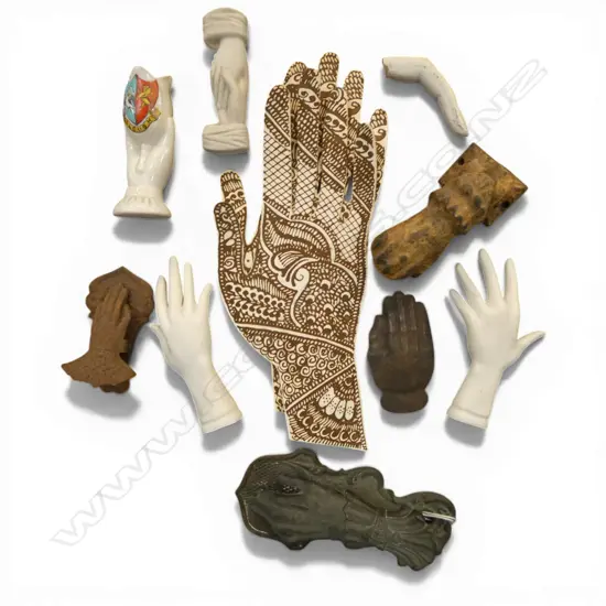 11 ASST. HANDS; 2 PAPER, 2 CLIPS, METAL DOOR KNOCKER ETC