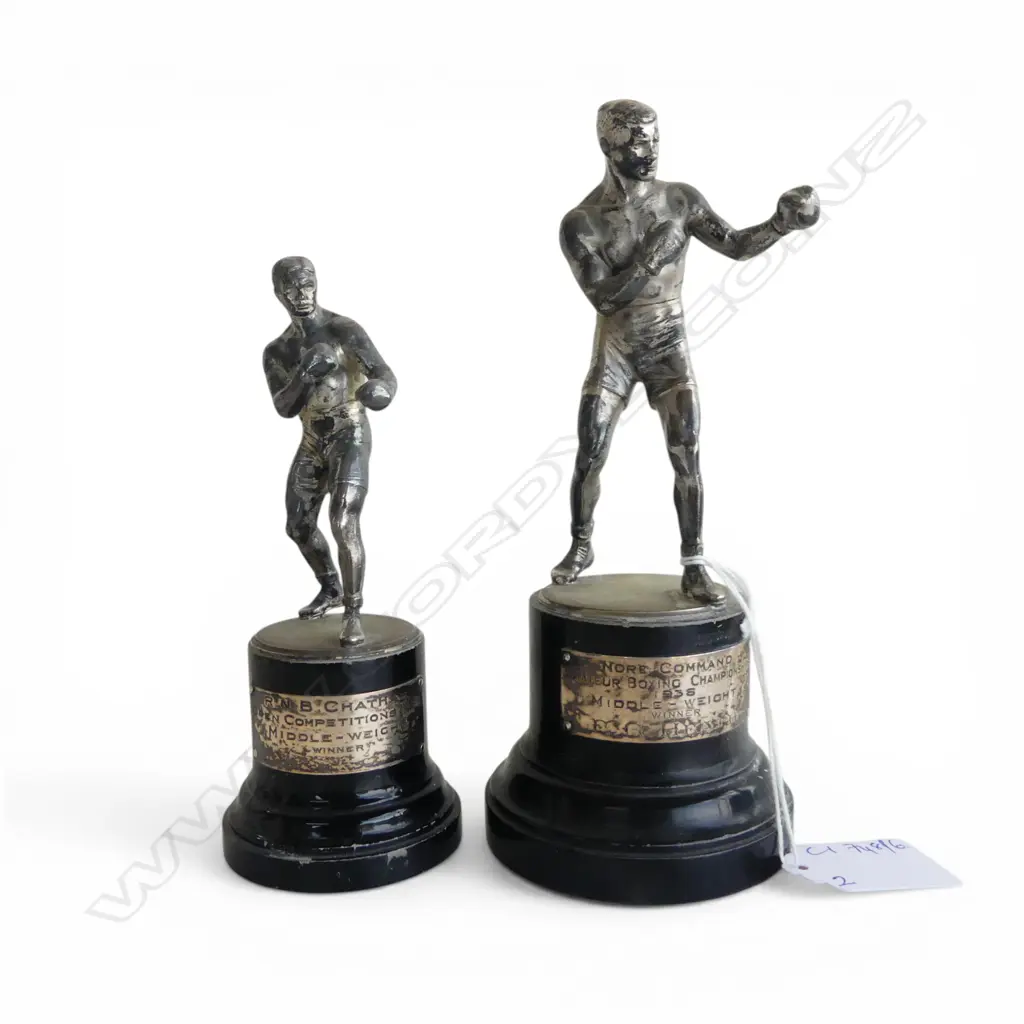 2 LATE 1930s WMF BOXING TROPHIES w. STG SILVER PLAQUES H.170mm Image 1++