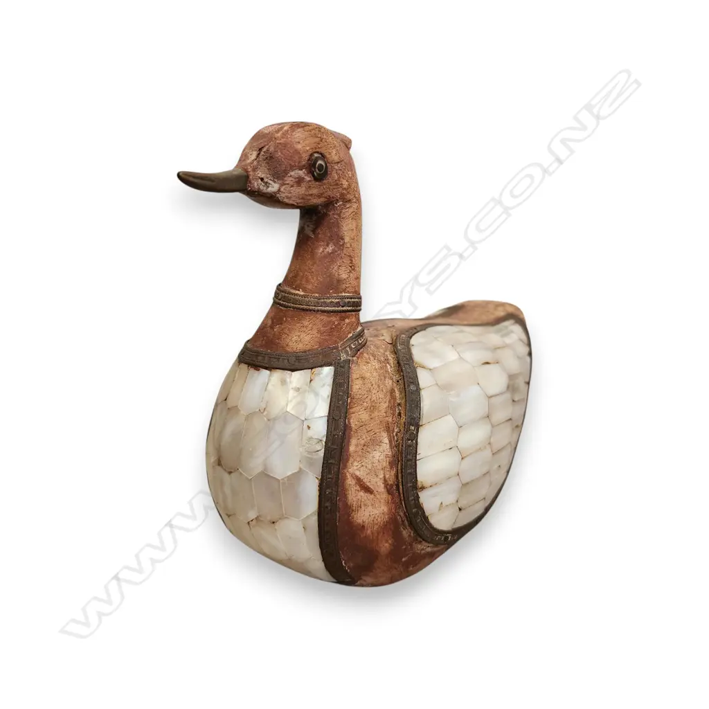 WOOD DUCK FIGURINE INLAID WITH MOTHER OF PEARL SHELLS AND BRASS  Image 1++