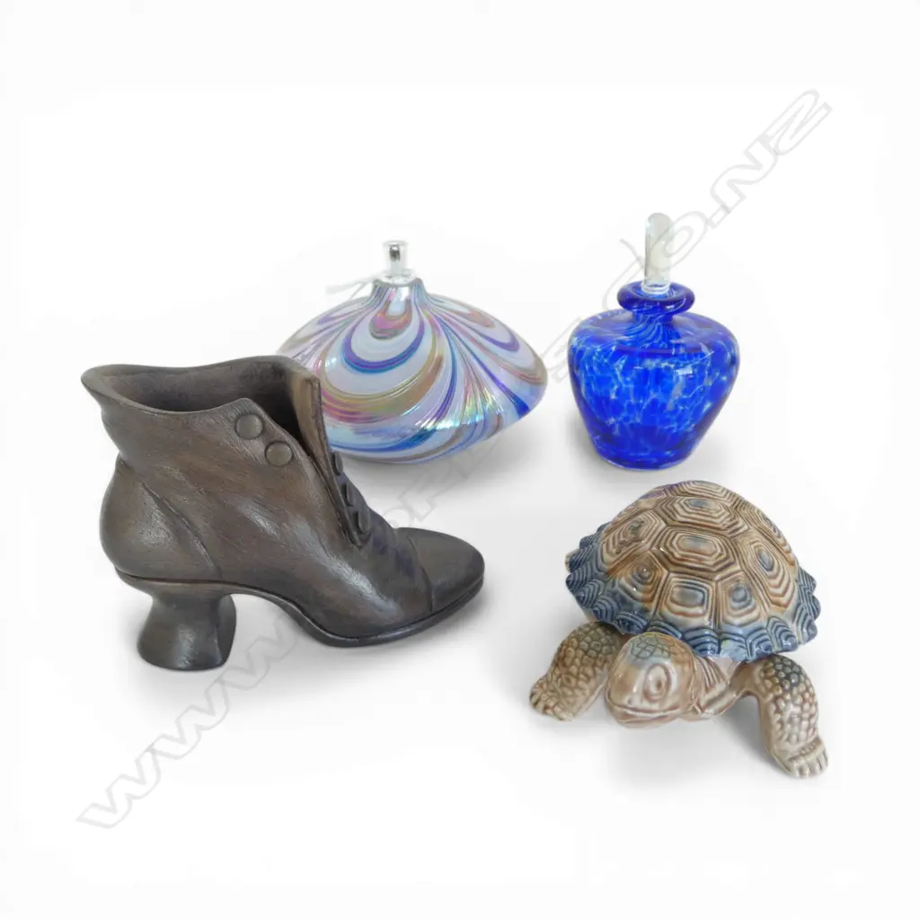 4PCS; HOKITIKA GLASS PERFUME BOTTLE, GLASS OIL LAMP, WADE TURTLE & MINIATURE BOOT Image 1++