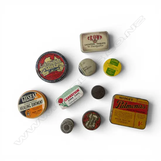 TEN ASSTD. VINTAGE MEDICINAL PHARMACEUTICAL TINS ZINCOPLAST ETC