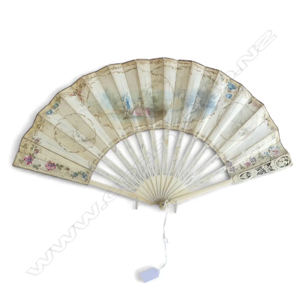 19thC CHINESE CARVED IVORY FAN with classically painted fold. L.280mm Image 1++