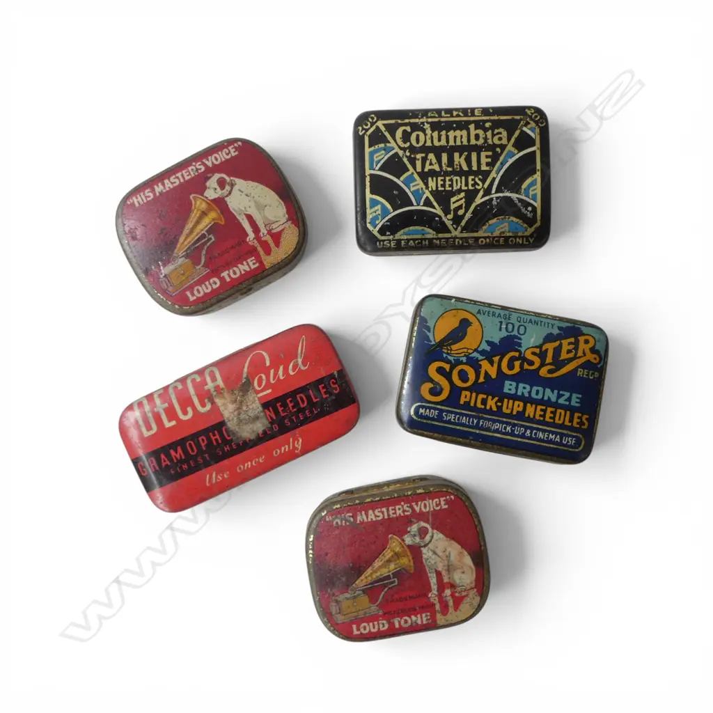 FIVE GRAMAPHONE NEEDLE TINS & NEEDLES; HMV, DECCA, COLUMBIA, SONGSTER Image 1++