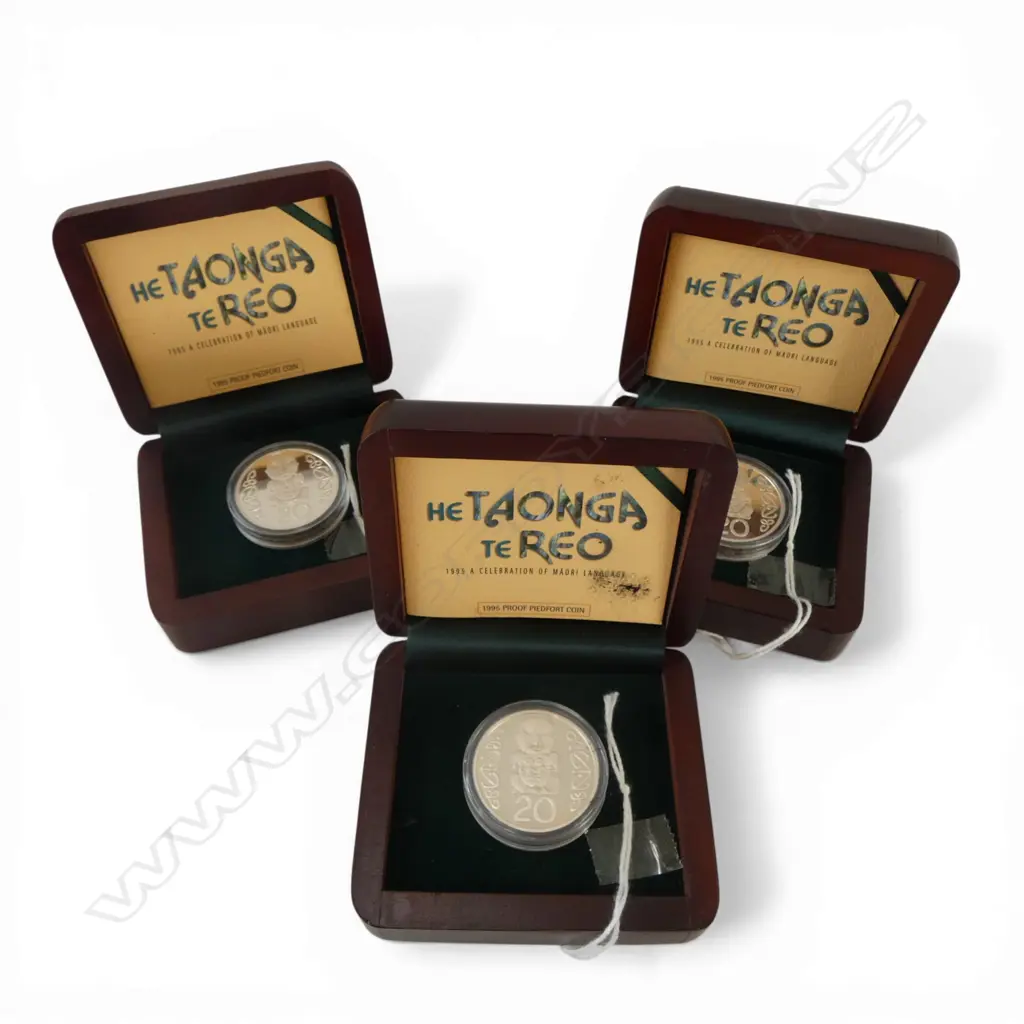 3 CASED N.Z. 1995 HE TAONGA TE REO, A CELEBRATION OF MAORI LANGUAGE .925 SILVER PIEDFORT PROOF 20c COINS, 84.75gms TW Image 1++