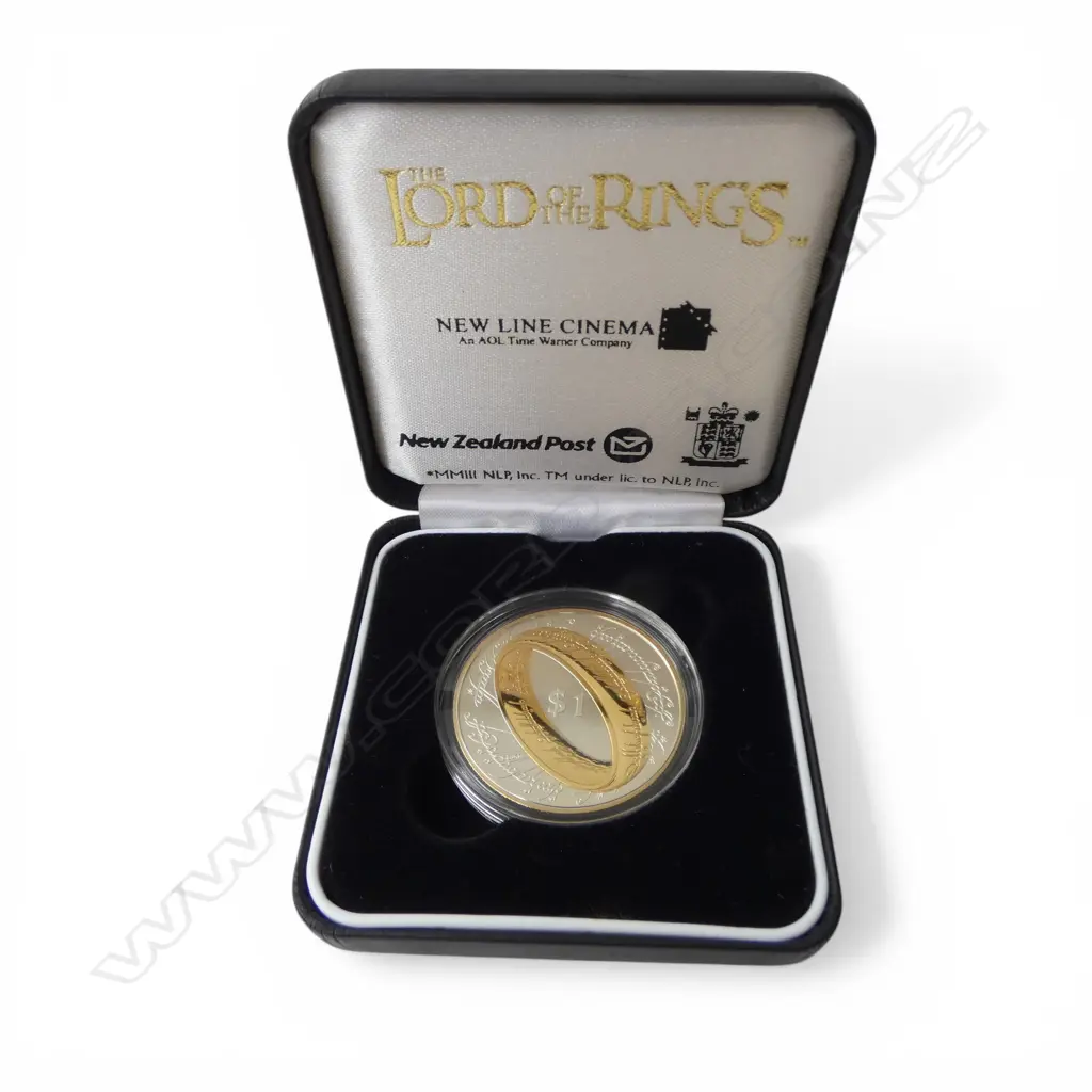 CASED 2003 N.Z. THE LORD OF THE RINGS .925 SILVER & GILT PROOF $1 COIN, 28.28gms Image 1++