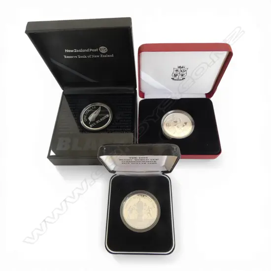 3 CASED N.Z. RUGBY CASED PROOF COINS (83.84gms)...