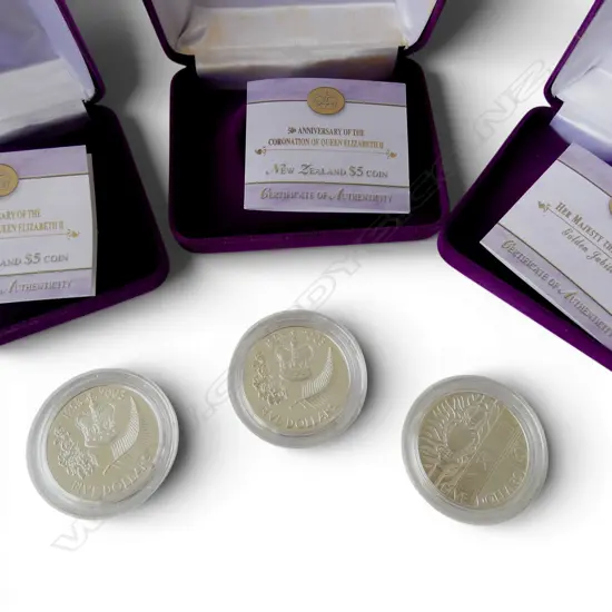 2 CASED N.Z. 2003 50th ANN. QEII CORONATION + 2002 GOLDEN JUBILEE .925 & 22ct PROOF $5 COINS 84.84gms TW