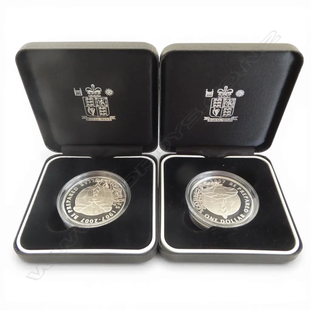 2 CASED N.Z. 2007 100 YEARS OF ADVENTURE SCOUTING .925 SILVER PROOF $1 COINS 56.56gms TW Image 1++