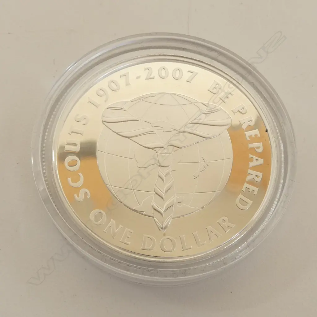 2 CASED N.Z. 2007 100 YEARS OF ADVENTURE SCOUTING .925 SILVER PROOF $1 COINS 56.56gms TW Image 1++