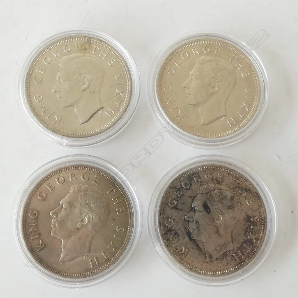 4 CASED 1949 N.Z. COMMEMORATIVE ROYAL VISIT .500 SILVER CROWNS 114gms Image 1++