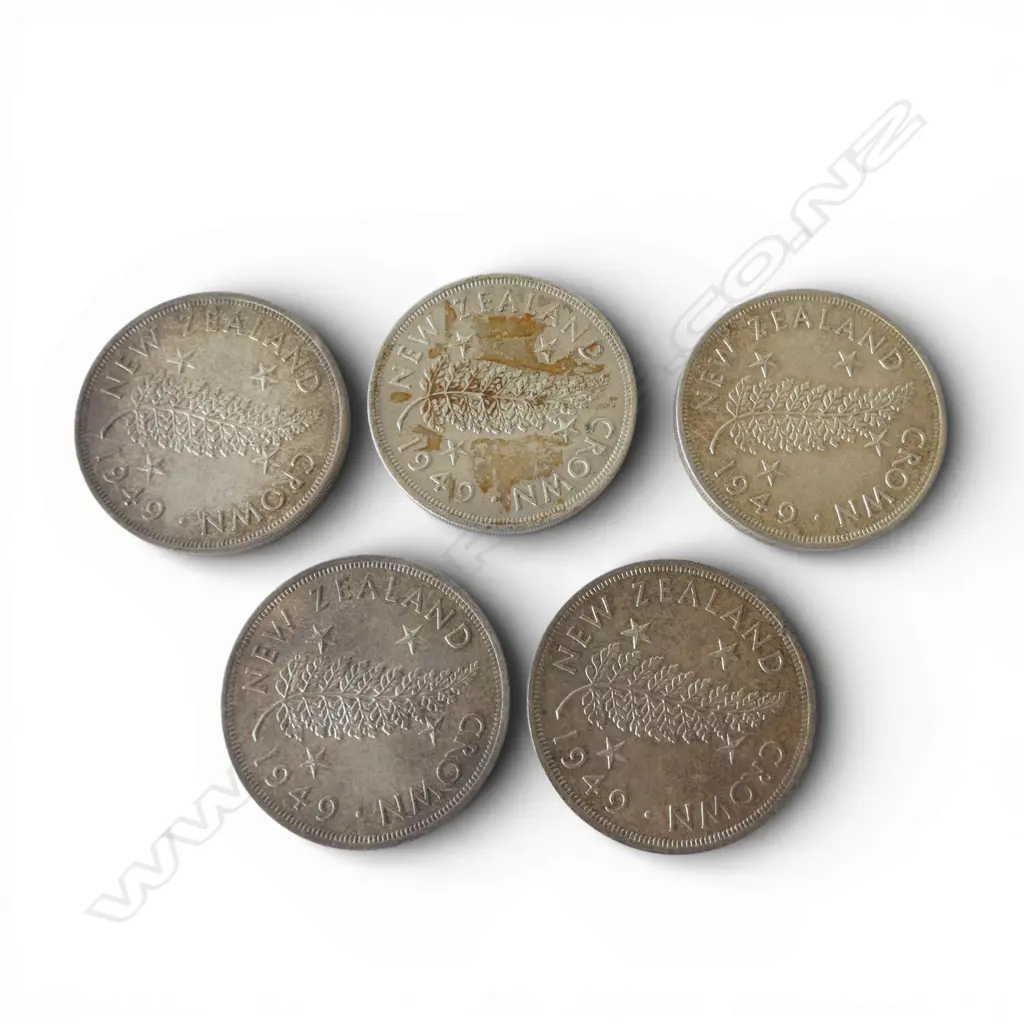 5 1949 N.Z. COMEMORATIVE ROYAL VISIT .500 SILVER CROWNS 141gms Image 1++