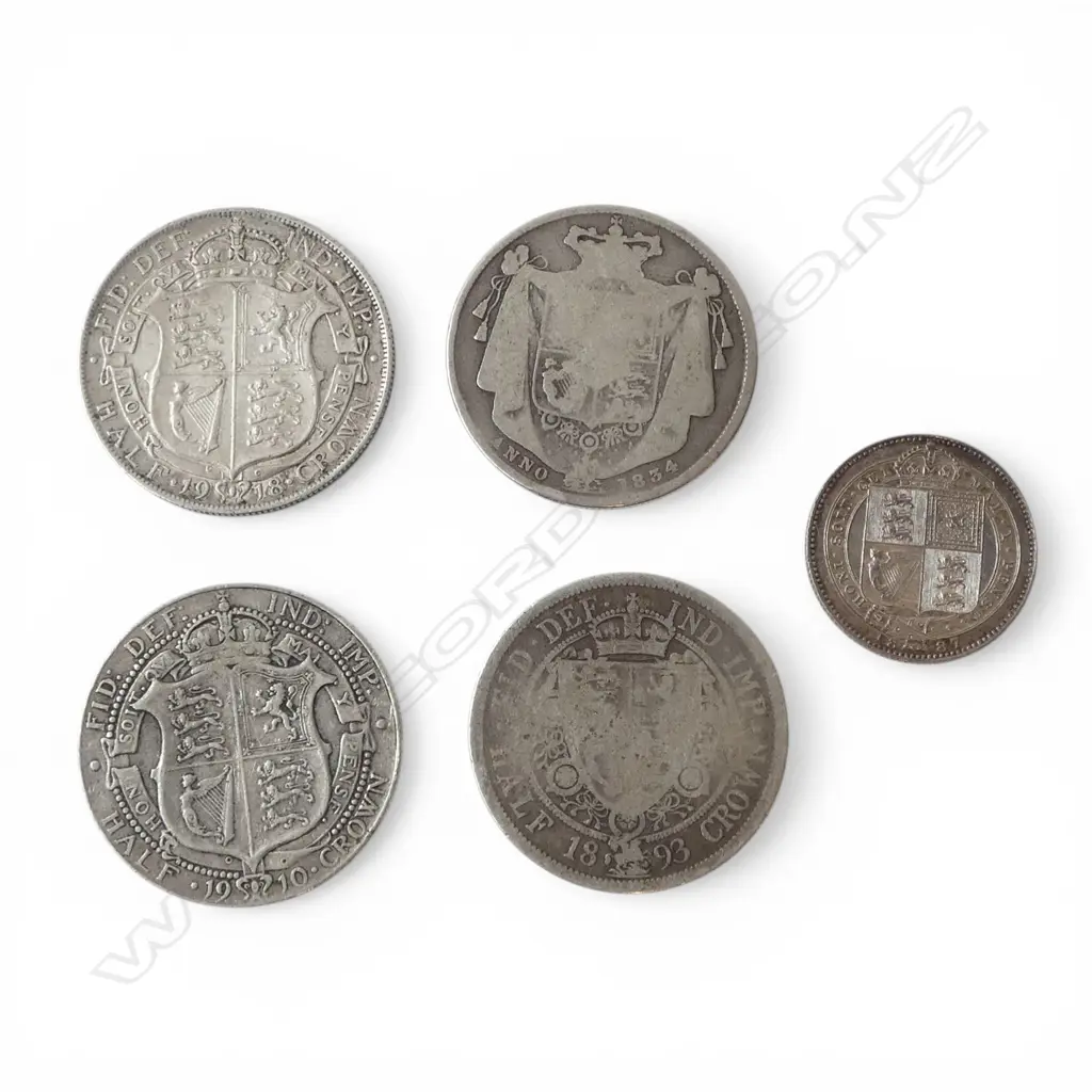 4 ANTIQUE BRITISH SILVER HALF CROWNS  & 1887 JUBILEE SHILLING Image 1++
